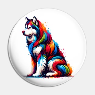 Vibrant Alaskan Malamute in Paint Splash Art Style Pin