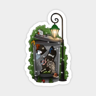 Opossum and raccoon in a trash can having fun Magnet