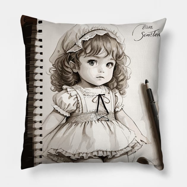 Pencil drawing. Portrait of a little girl Pillow by CatCoconut-Art