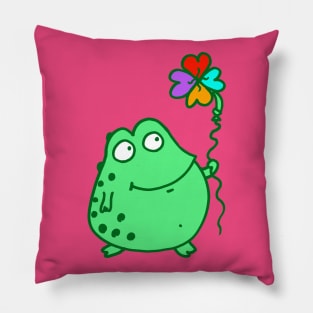 Frog holding rainbow clover balloon! HOT PINK! Pillow