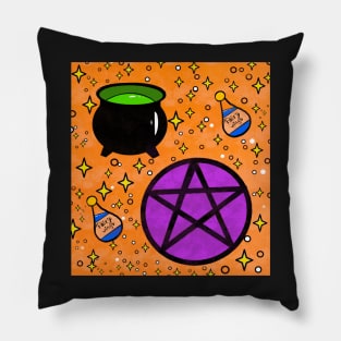 Witchcraft pattern cauldron pentagram and potion Pillow