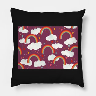 Clouds, rainbows and love hearts on a purple background Pillow