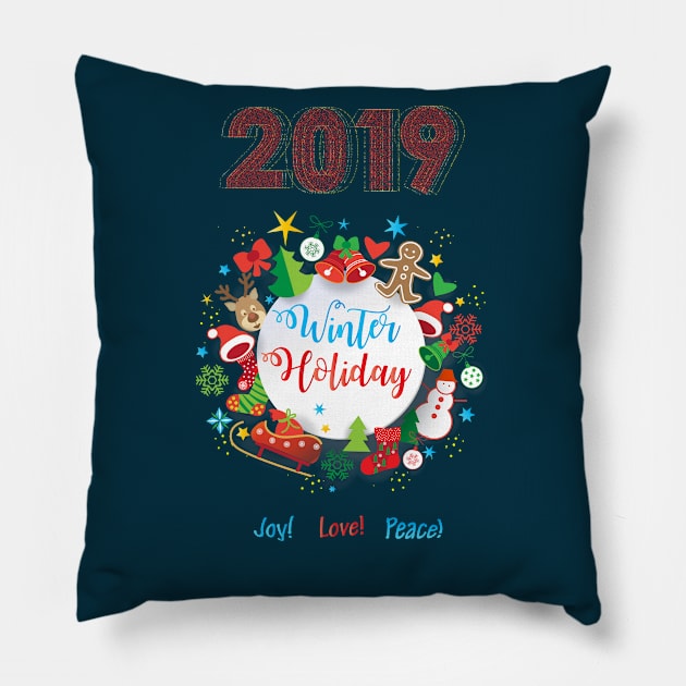 2019 Winter Holiday Christmas & Happy New Year Symbols Pillow by sofiartmedia