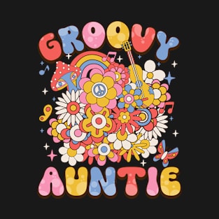 Retro Groovy Auntie Peace Love Colorful Flower Bday T-Shirt