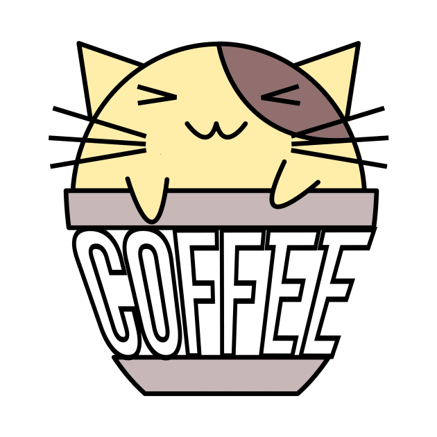 Happy cat in coffee cup with warped text yellow and brown by coffeewithkitty