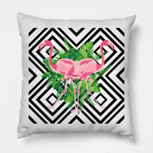 Hand drawn pink flamingo with tropical leaves in mirror image style on geometric background. Pillow