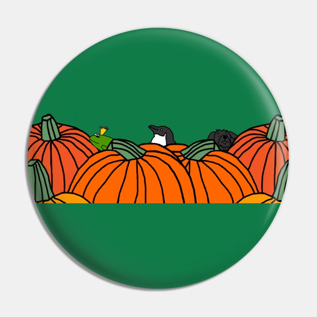 Three Friends Frog Penguin Dog and Pumpkins Pin by ellenhenryart