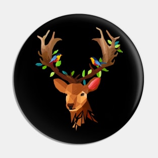 Deer T-Shirt - Deer Face Polygon With Birds Design Pin