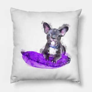 Cute Black And White Bulldog Puppy On A Purple Cusion Digital Portrait Pillow