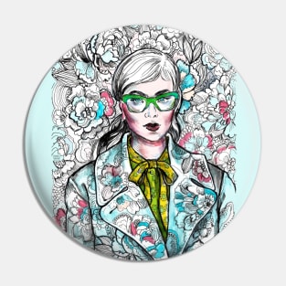 Woman Wearing Glasses in a Floral Pattern. Pin