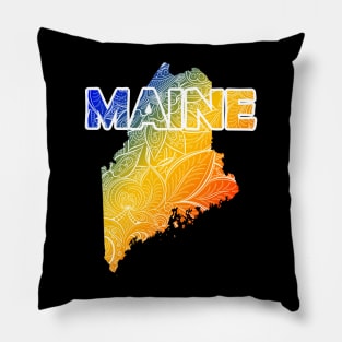 Colorful mandala art map of Maine with text in blue, yellow, and red Pillow