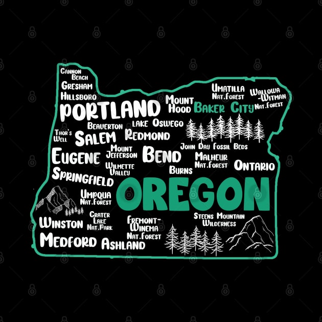 Cute map of Baker City Oregon, Portland, Salem, Eugene, Springfield, Bend, Ontario, Medford by BoogieCreates