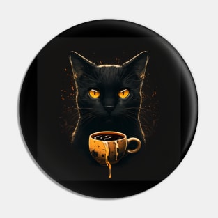 Black Cat Drinking Coffee, Coffee Cat Lover Pin