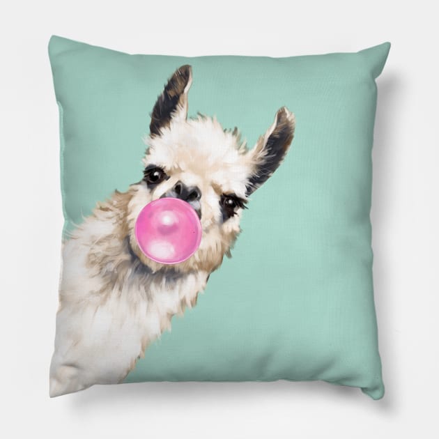 Bubble Gum Sneaky Llama in Green Pillow by bignosework