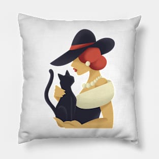 Woman with black cat Pillow