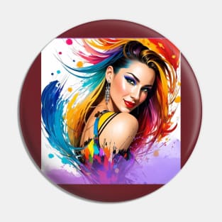 Look over shoulder, woman splashed in vibrant paint Pin