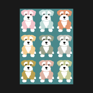 Rainbow of Miniature Schnauzer Dogs on Duck Egg Blue Background T-Shirt