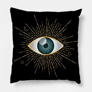 Teal Green Evil Eye Gold Eyelashes Sun Moon Star Nazar Mati Talisman Pillow