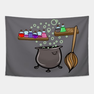 Cartoon Potions, Cauldron, and Broomstick, made by EndlessEmporium Tapestry