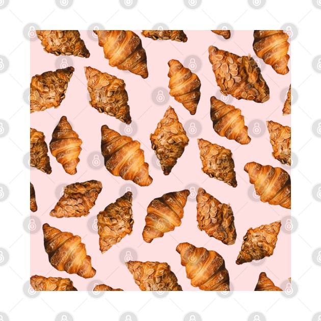 Baked Croissant Pattern with Almonds on Pink by ArtMorfic