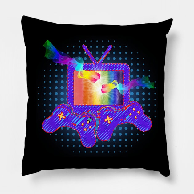 Gamer Gay Pride Rainbow Controllers and TV Black Pillow by Smagnaferous