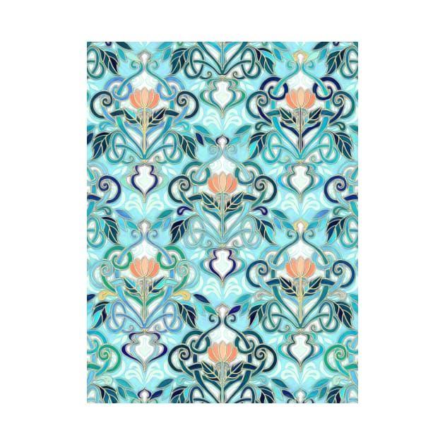 Ocean Aqua Art Nouveau Pattern with Peach Flowers by micklyn