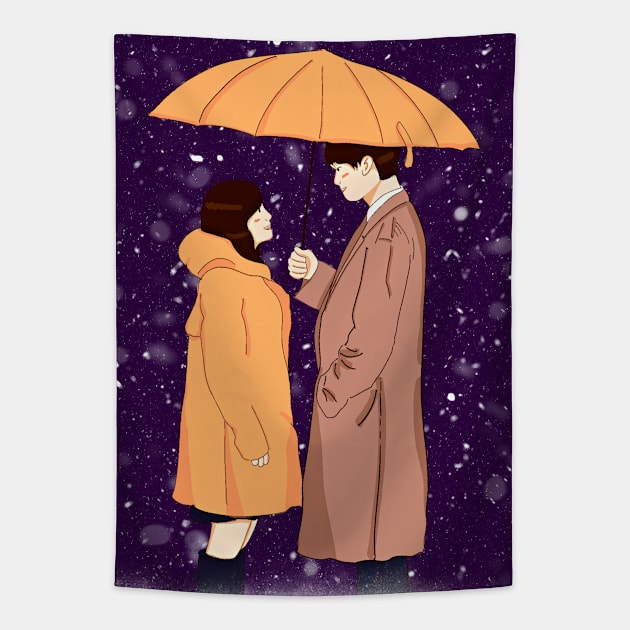 Snowy love kdrama scene Tapestry by Indiestyle