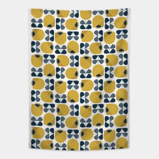 Retro Geometric Floral Pattern Navy, Grey, Mustard Yellow Tapestry