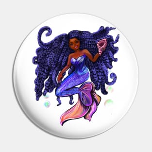 mermaid with flowing braids holding sea shell , brown eyes curly Afro hair and caramel brown skin Pin