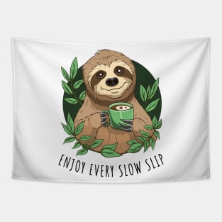 Enjoy Life, Cute Sloth With Coffee Tapestry