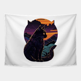 black cat with mountain background at the sunset Tapestry