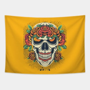 Skull with Orange Roses Tapestry