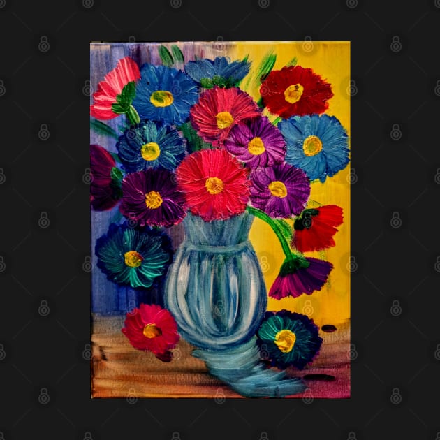 fun and colorful abstract flowers set against a multi-color background by kkartwork