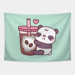 Cute Little Panda Bear Hugging Iced Coffee Tapestry