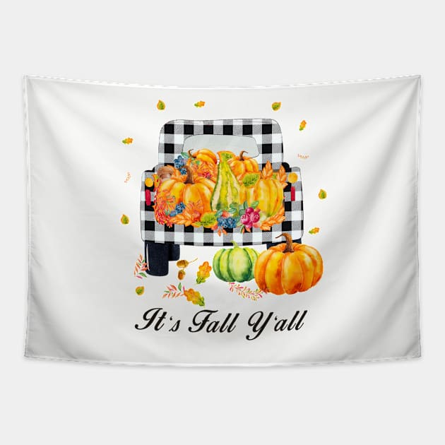 It's fall y'all Autumn Pumpkin Truck Buffalo plaid Tapestry by gogo-jr