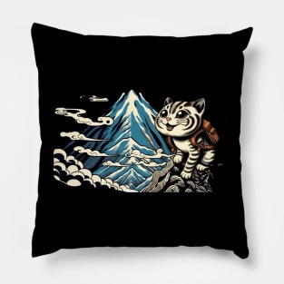 Vintage Japanese Art Sports Hiker Mountain Climbing Cat Pillow