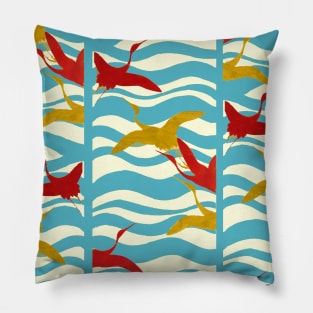 RED YELLOW FLYING CRANES ON WHITE BLUE SEA WAVES Pillow