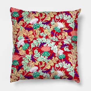 RAVENS,CICADAS AND WHITE RED THISTLES WITH GREEN LEAVES Art Nouveau Floral Pattern Pillow