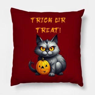 Trick or treat cute evil demon cat with pumpkin Halloween design Pillow