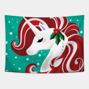 Candy Cane Holly Unicorn Tapestry