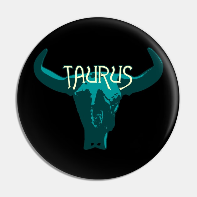 Blue Bull Skull for Taurus Astrological Zodiac Sign Pin by RyanJGillDesigns