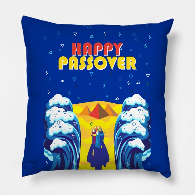 Passover Exodus from Egypt Hebrew: "Happy Passover!" Pesach Jewish Holiday poster. Moses parting the Red Sea, Israelites cross on dry ground. Poster Contemporary ART gifts idea Pillow by sofiartmedia