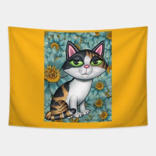 Cute Calico Kitty Cat with yellow and green flowers Tapestry