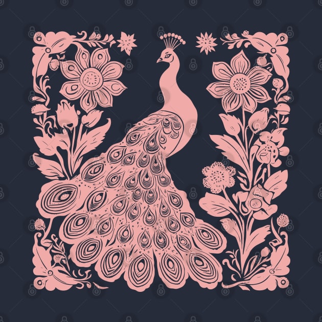 Pink block print of an american peacock by craftydesigns