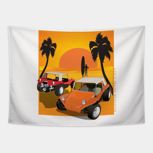 Dune Buggy  Front and Back with Sunset and Surfer Dune Buggies Tapestry by PauHanaDesign