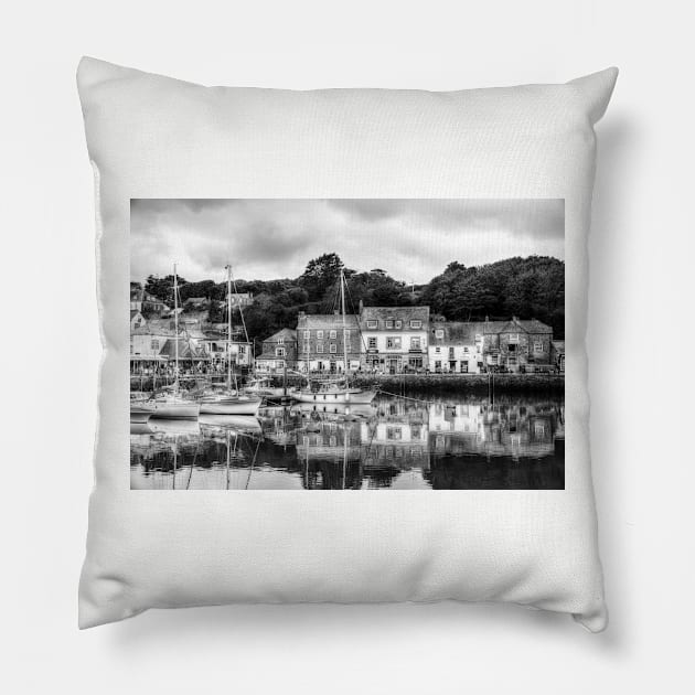 Padstow Harbor Reflection Black And White Pillow by tommysphotos