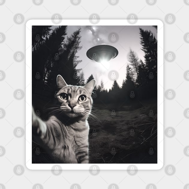 Cat took a selfie with UFO, Black and White Version Magnet by BloomInOctober