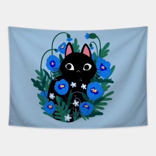 Black Cat in blue flowers Tapestry