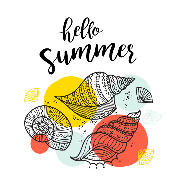 Hello Summer with sea shells and colorful circles by yuliia_bahniuk