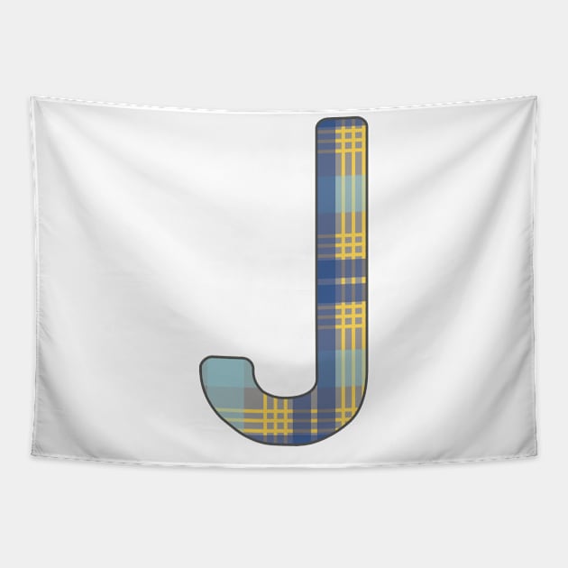 Monogram Letter J, Blue, Yellow and Grey Scottish Tartan Style Typography Design Tapestry by MacPean